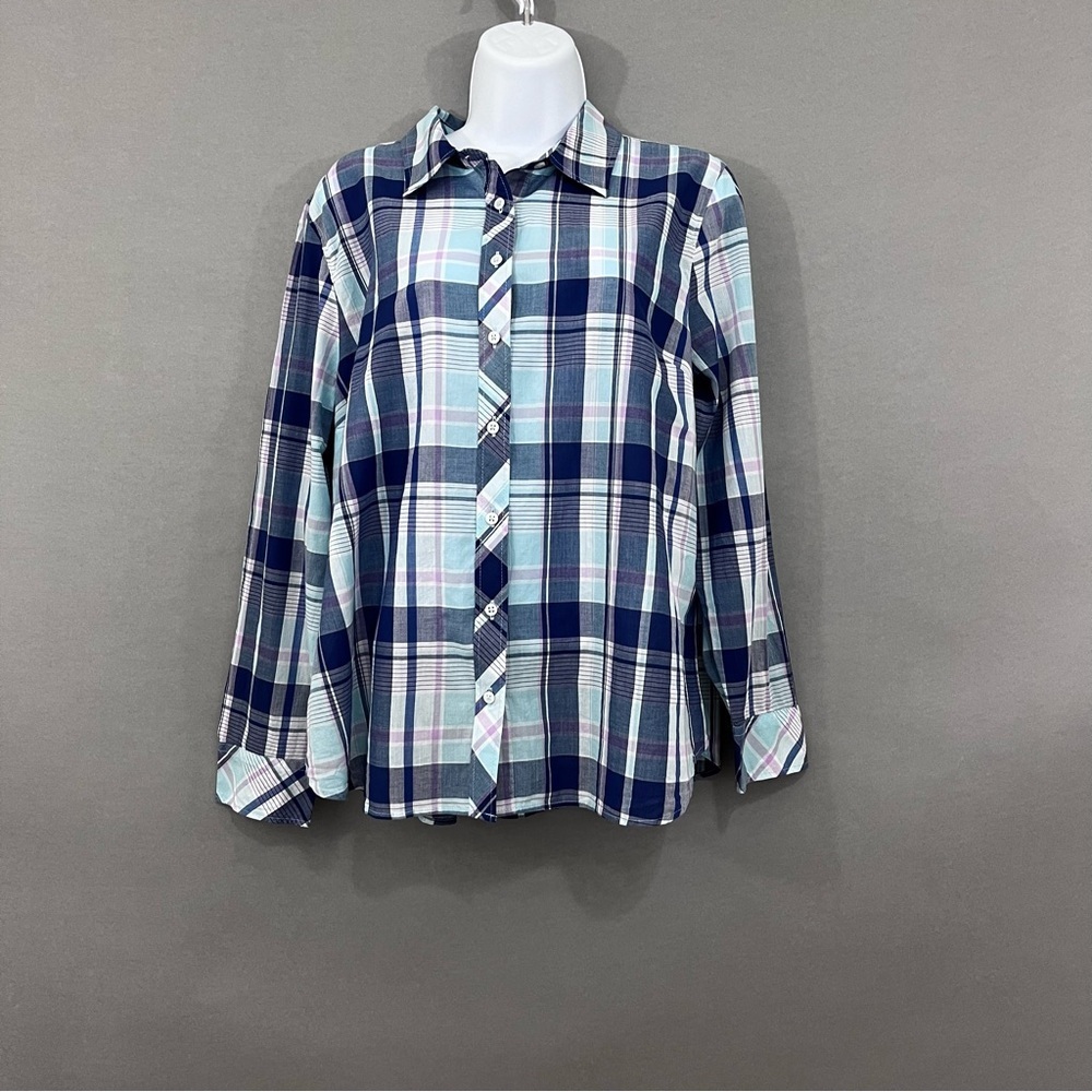 Talbots Blue Check Button Front Long Sleeve Shirt